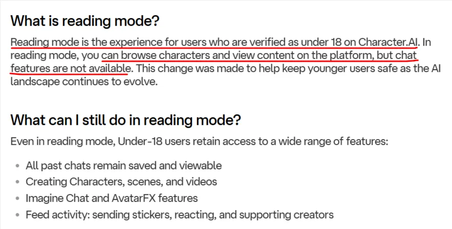 Character AI Reading Mode for Under-18 Users