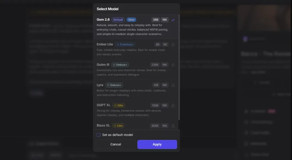GirlfriendGPT Model Selection InChat