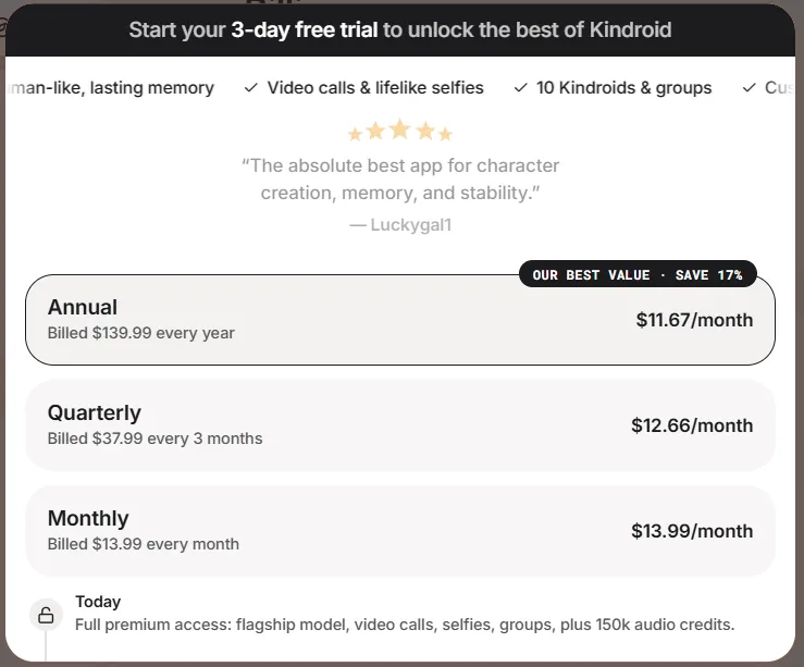 Kindrroid AI - Standard Pricing Plan