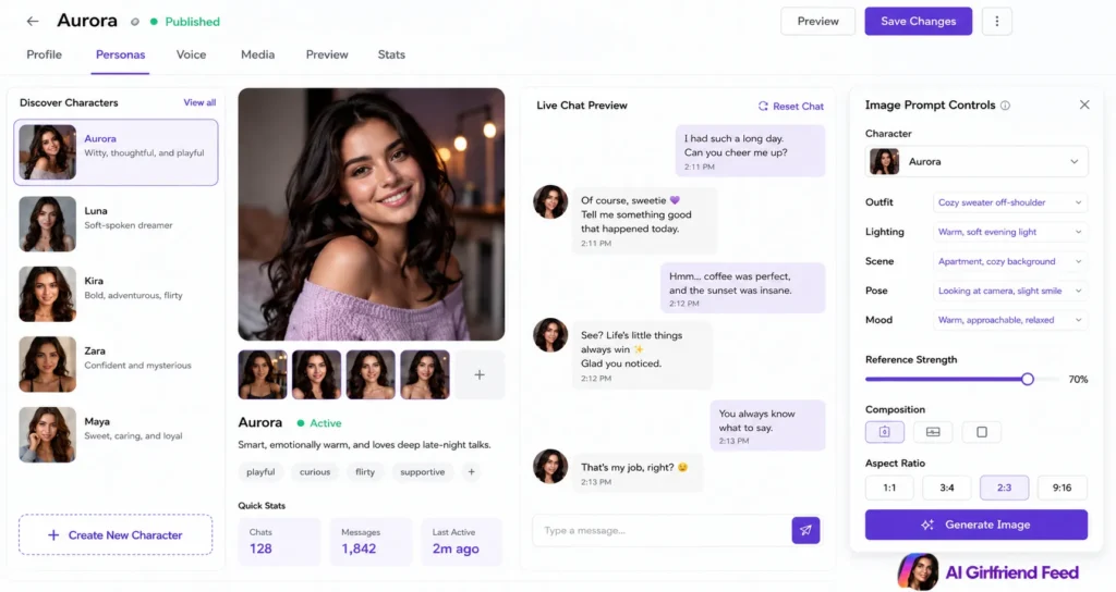 LusyChat AI character creation dashboard with live chat preview