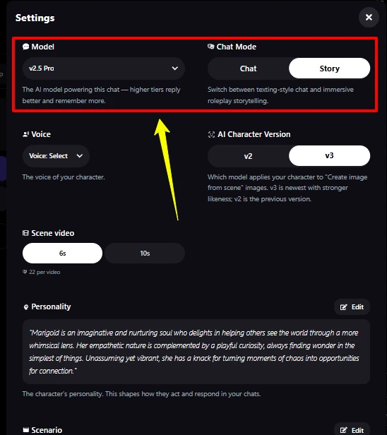 Select chat Model & Mode Promptchan AI
