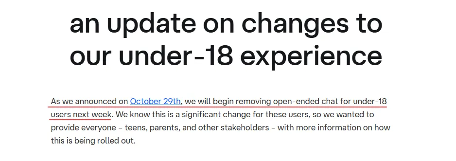 Character AI - Announcement for Under 18 Users